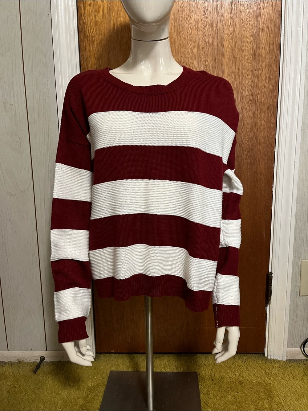 Forever 21 Burgundy and White Striped Crewneck Sweater
